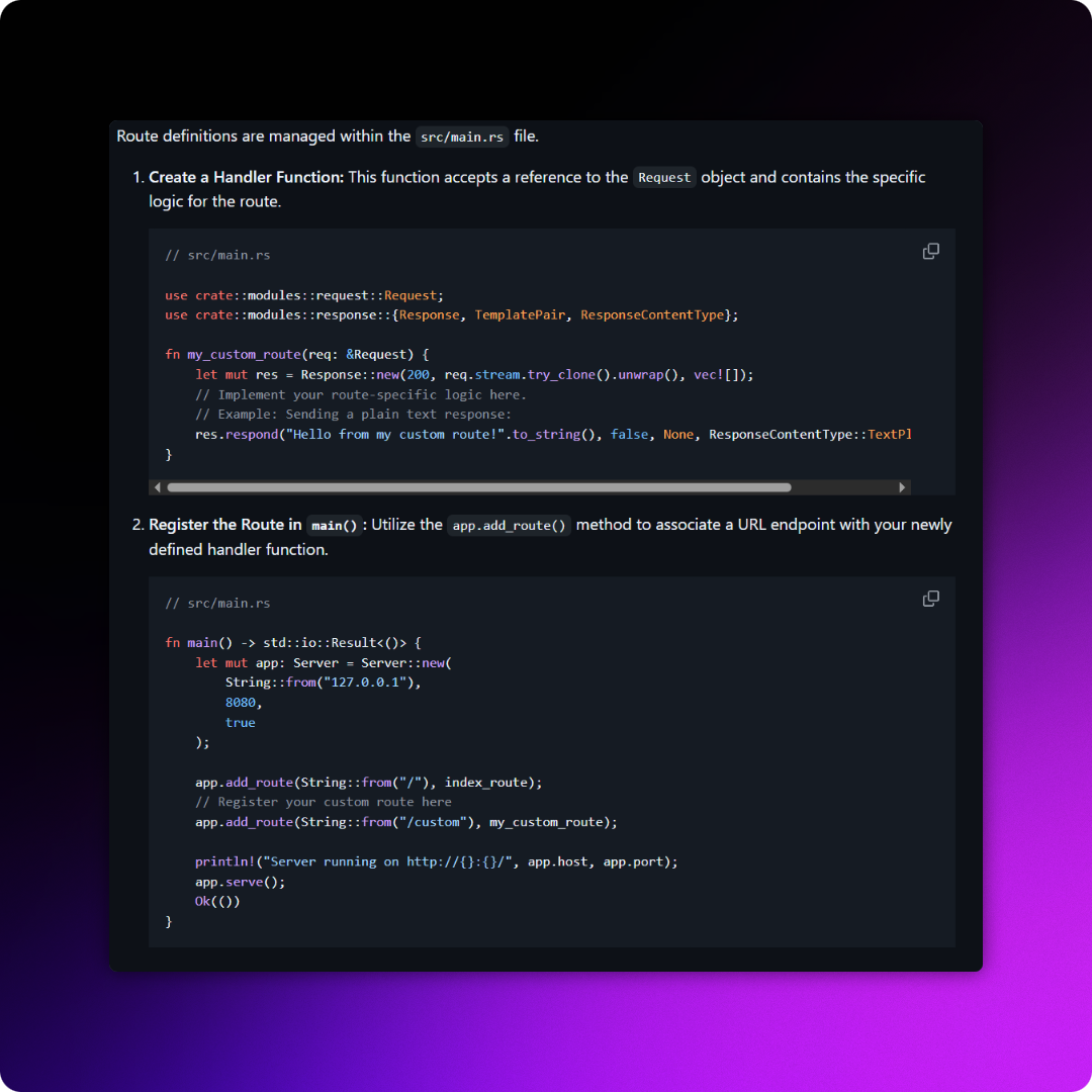 Vibhek Soni cybersecurity engineer RustServe - Simple Web Server in Rust project screenshot showcasing backend development