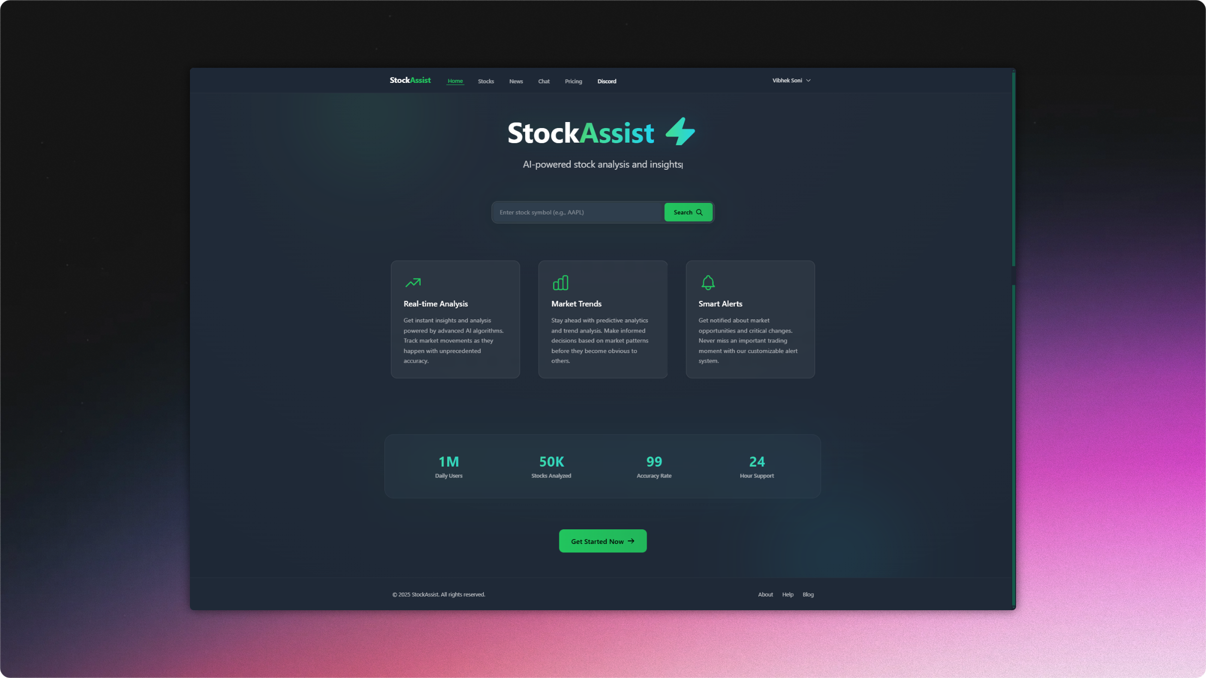 Vibhek Soni cybersecurity engineer Stock Assist – AI-Powered Financial Analysis Platform project screenshot showcasing backend development